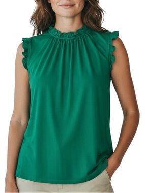 NWT WHITE HOUSE BLACK MARKET Green Ruffle Detail Sleeveless Blouse Size Medium